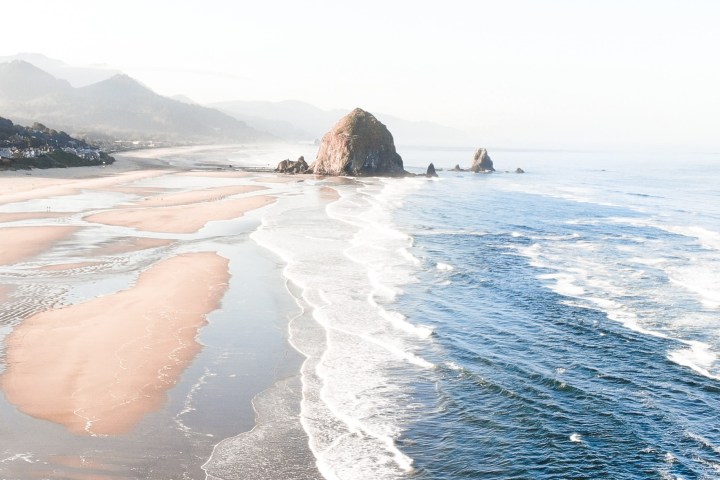 Aerial view of Cannon Beach and Haystack Rock