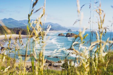 Cannon Beach from a grassy viewpoint during Oregon Coast Tour