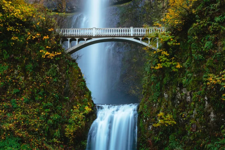 a large waterfall in a forest with Multnomah Falls in the background